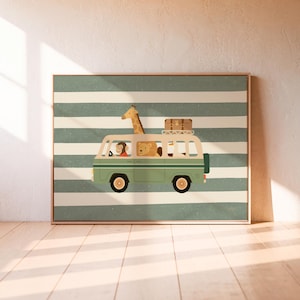 May include: A framed print featuring a green van with a giraffe, lion, and monkey. The van is on a striped background. The giraffe's head extends above the van. The artwork has a whimsical, cartoon style, perfect for a child's room.