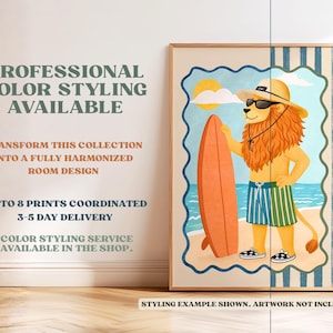 May include: Framed art print featuring a cartoon lion in sunglasses and a straw hat, holding an orange surfboard on a beach. The lion wears blue and green striped swim trunks and checkered sneakers. The artwork is set against a blue and white striped background.