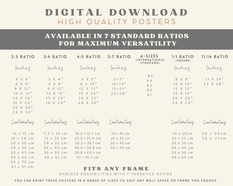 May include: A digital download poster size guide featuring seven standard ratios including 2:3, 3:4, 4:5, 5:7, A-sizes, 1:1, and 11:14. The chart lists dimensions in both inches and centimeters for each ratio to assist with printing and framing.