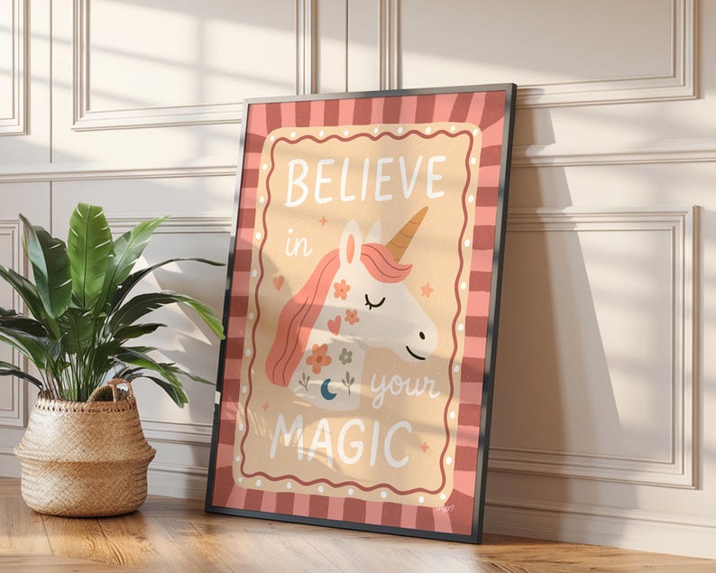 etro pink kids wall art featuring cute unicorn illustration