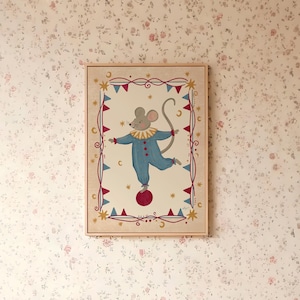 Circus themed wall decor for nursery featuring a charming mouse character in a vintage carnival costume
