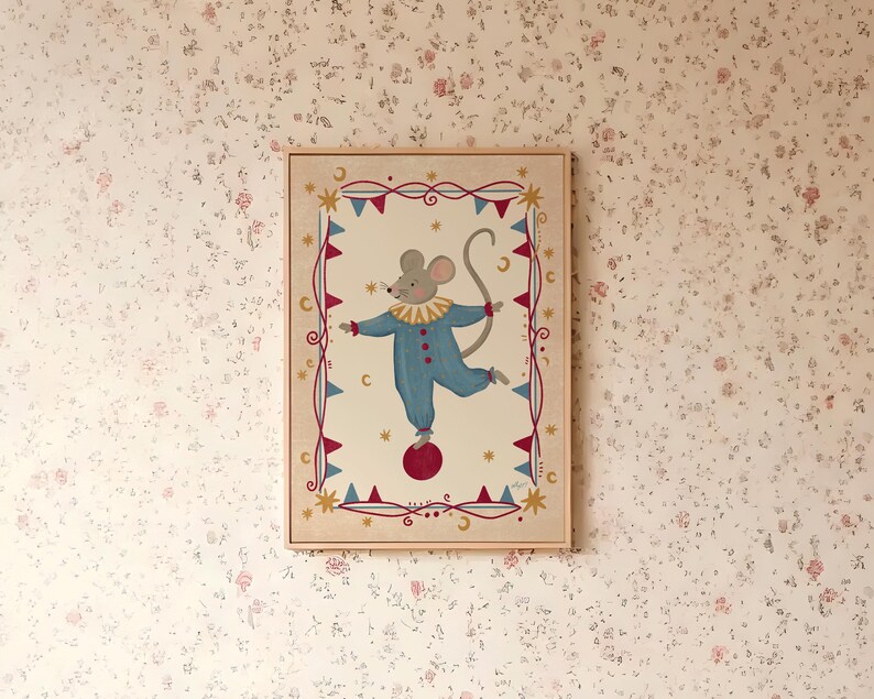 Circus themed wall decor for nursery featuring a charming mouse character in a vintage carnival costume