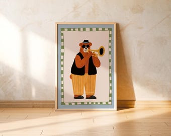 Cool Jazz Bear Trumpet Wall Art Retro Music Poster Stylish Animal Print Printable Art for Kids Music Lovers Boho Kids Room Nursery Printable