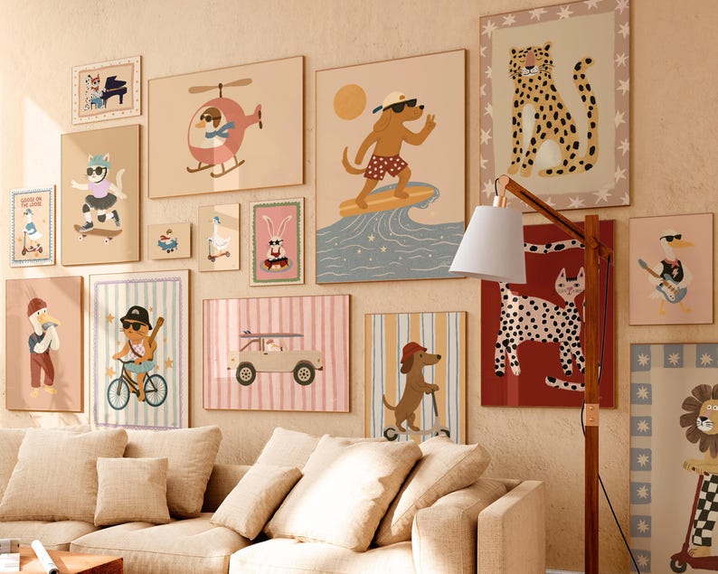 Cute animal prints from nursery poster bundle featuring pastel colors and modern whimsical design