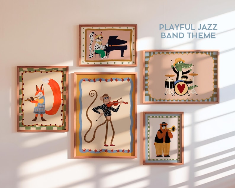May include: A collection of framed art prints featuring a playful jazz band theme. The artwork includes illustrations of animals playing musical instruments, such as a piano, drums, violin, and trumpet. The color palette includes shades of brown, beige, and black.
