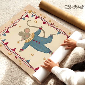 Whimsical animal wall art showing a circus mouse performer in a retro nursery design with decorative frame