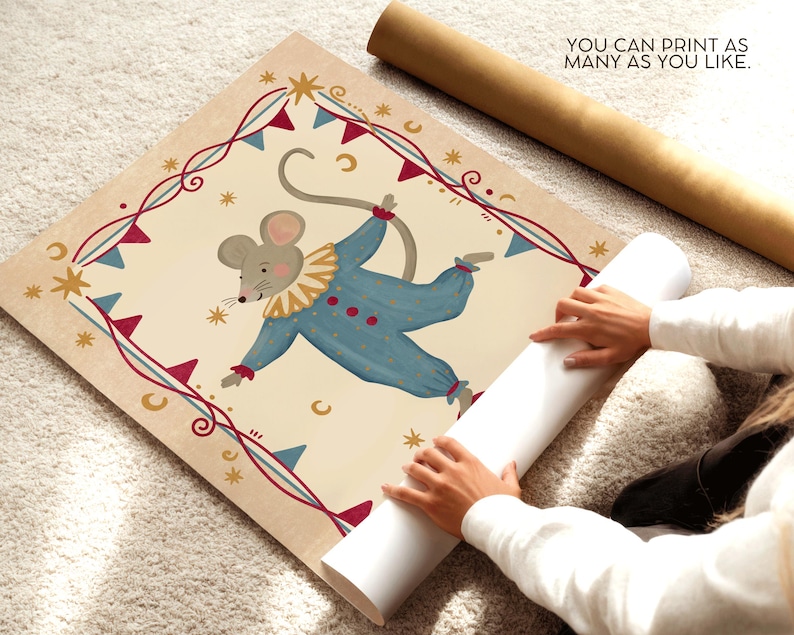 Whimsical animal wall art showing a circus mouse performer in a retro nursery design with decorative frame