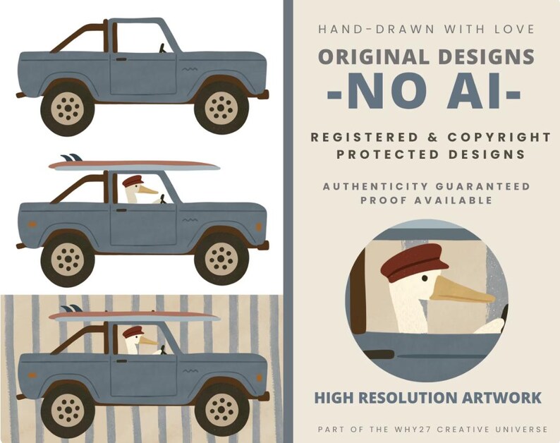 May include: Illustration of a blue pickup truck with brown accents and off-road tires. One truck has a surfboard on top, and a goose wearing a cap is driving. The image includes the text: "HAND-DRAWN WITH LOVE, ORIGINAL DESIGNS -NO AI-"