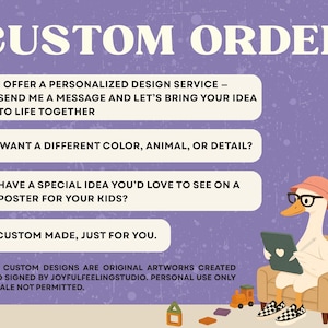 May include: A purple poster with the text "CUSTOM ORDER" in large, off-white letters. The poster features a cartoon duck wearing glasses and a hat, holding a tablet. Text on the poster promotes personalized design services for custom posters.