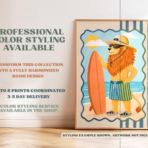 May include: Framed art print featuring a cartoon lion in sunglasses and a straw hat, holding an orange surfboard on a beach. The lion wears blue and green striped swim trunks and checkered sneakers. The artwork is set against a blue and white striped background.