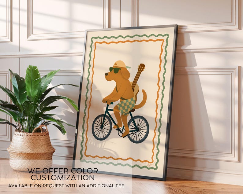 May include: A framed art print featuring a brown dog wearing sunglasses and a hat, riding a bicycle with a guitar on its back. The artwork has a cream background with a decorative border. The text at the bottom says "WE OFFER COLOR CUSTOMIZATION".