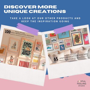K&ouml;nnte beinhalten: Zwei Sets von Postern zum Verkauf, jedes mit einer anderen Anzahl von Designs. Das erste Set ist mit "100 Unique Designs High-Resolution Posters" beschriftet und zeigt eine Vielzahl von bunten Postern mit inspirierenden Zitaten. Das zweite Set ist mit "65 Unique Designs High-Resolution Posters" beschriftet und zeigt eine Vielzahl von Postern mit verschiedenen Designs. Beide Sets werden auf einem rosa Hintergrund mit dem Text "Joyful Feeling Studio" am unteren Rand angezeigt.