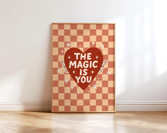 The Magic Is You Wall Art Retro Aesthetic Print Positive Quote Poster Self Love Decor for Teen Girl Room Boho Bedroom Vintage Checkerboard