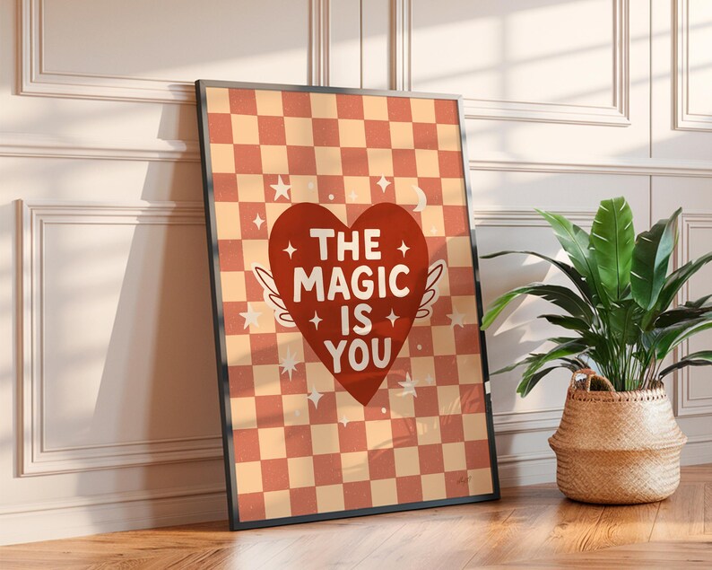positive quote wall print with checkerboard pattern in warm colors