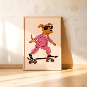Wandkunst mit Hunde-Skateboard für Kinderzimmer, modernes Kinderzimmerdekor, verspieltes Tier, druckbares Poster, sanfte Erziehung im Montessori-Stil
