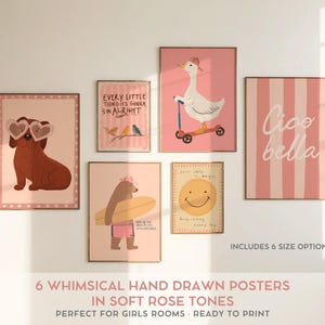 Whimsical Posters for Girls Room Wall Art Set of 6 Hand Drawn Prints Pink Nursery Decor Soft Rose Palette Kids Bedroom Prints