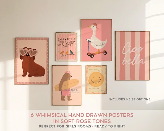 Whimsical Posters for Girls Room Wall Art Set of 6 Hand Drawn Prints Pink Nursery Decor Soft Rose Palette Kids Bedroom Prints Montessori