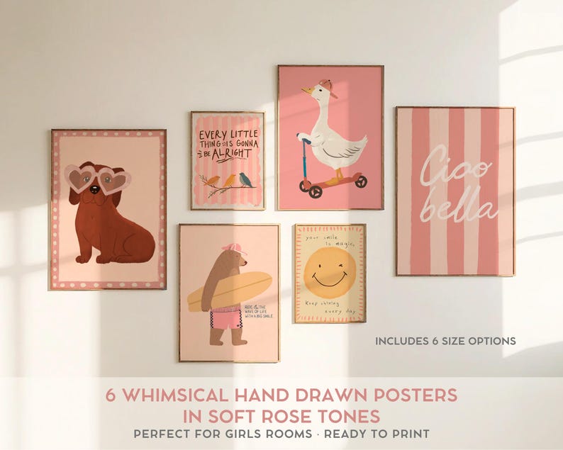 Whimsical Posters for Girls Room Wall Art Set of 6 Hand Drawn Prints Pink Nursery Decor Soft Rose Palette Kids Bedroom Prints