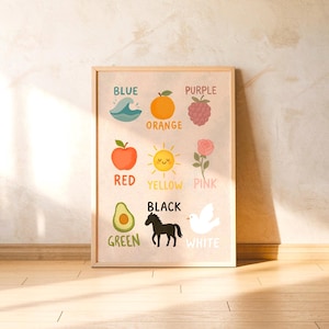 Color Learning Poster for Kids Room Educational Wall Art Toddler Classroom Decor Color Chart Boho Scandi Whimsical Style Montessori Space