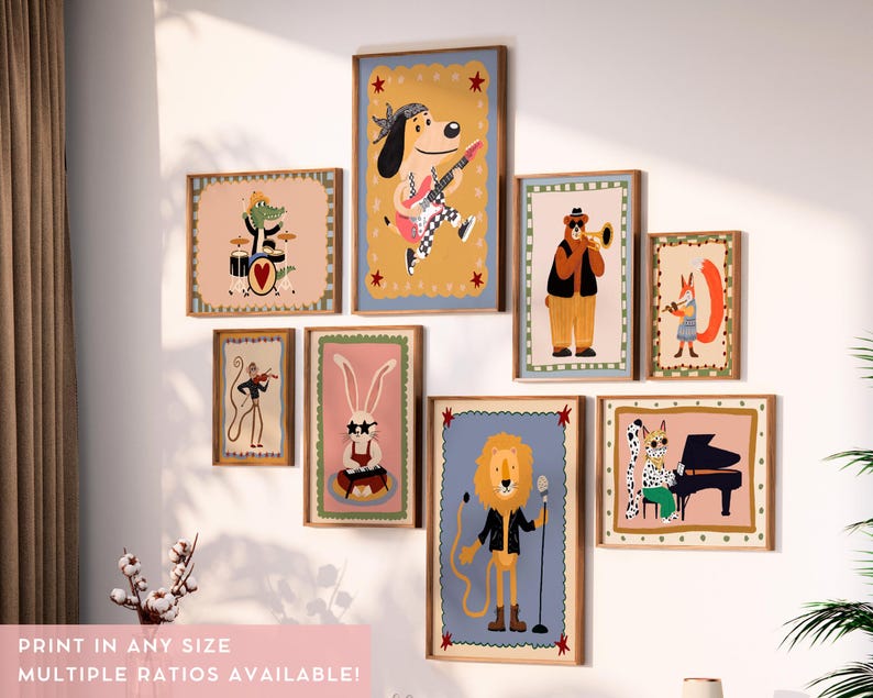 May include: A collection of framed art prints featuring whimsical animal musicians. The artwork includes a dog playing guitar, a lion with a microphone, and a rabbit playing the piano. The prints are in various sizes and colors.