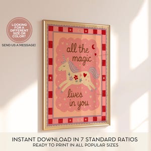 Printable unicorn poster with motivational text for nursery and playroom