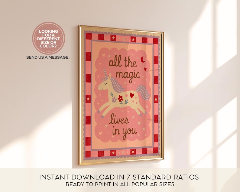 Printable unicorn poster with motivational text for nursery and playroom