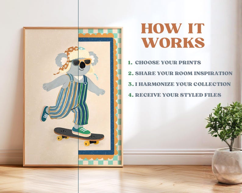 May include: A framed wall art print featuring a koala wearing a patterned hat and sunglasses while riding a skateboard. The text reads: HOW IT WORKS, 1. CHOOSE YOUR PRINTS, 2. SHARE YOUR ROOM INSPIRATION, 3. I HARMONIZE YOUR COLLECTION, 4. RECEIVE YOUR STYLED FILES.