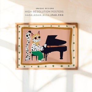 May include: A digital illustration of a spotted cat wearing sunglasses and a scarf playing a black grand piano. The cat is sitting on a green stool. The background is a light pink with a brown and green border.