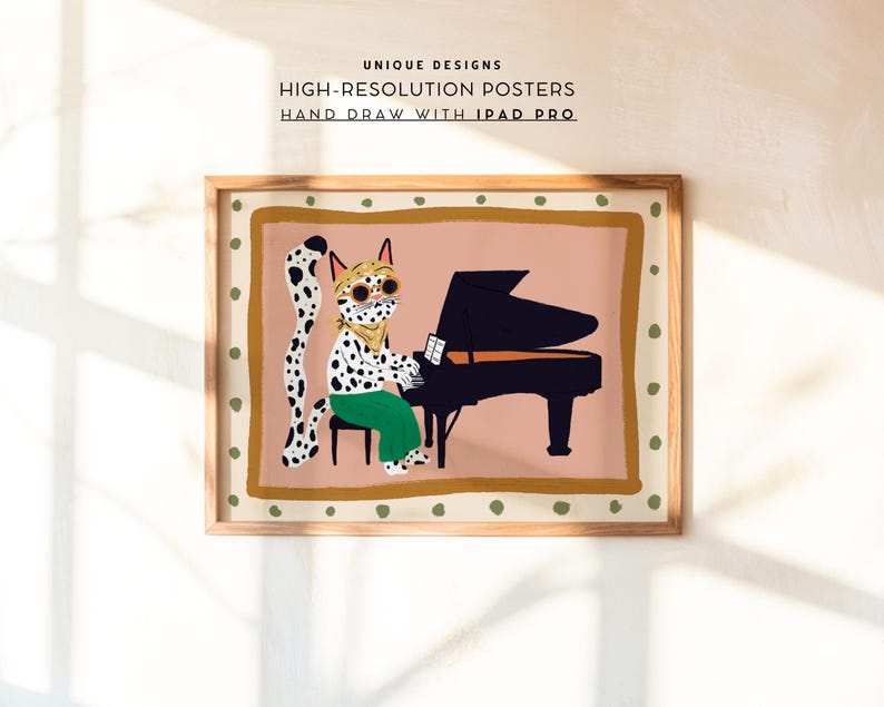 May include: A digital illustration of a spotted cat wearing sunglasses and a scarf playing a black grand piano. The cat is sitting on a green stool. The background is a light pink with a brown and green border.
