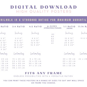 K&ouml;nnte beinhalten: Eine lila und wei&szlig;e Grafik mit dem Text "Digitaler Download Hochwertige Poster" und "Erh&auml;ltlich in 6 Standardformaten f&uuml;r maximale Vielseitigkeit". Die Grafik listet verschiedene Postergr&ouml;&szlig;en in Zoll und Zentimetern auf, darunter die Verh&auml;ltnisse 2:3, 3:4, 4:5, A-Formate, 1:1 und 11:14. Der Text "Passt in jeden Rahmen" befindet sich am unteren Rand der Grafik.
