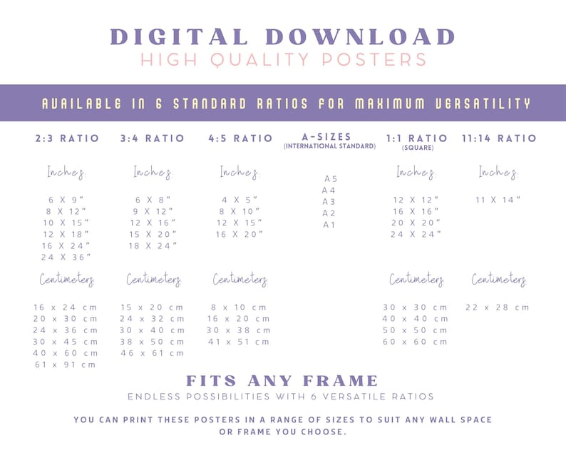 K&ouml;nnte beinhalten: Eine lila und wei&szlig;e Grafik mit dem Text "Digitaler Download Hochwertige Poster" und "Erh&auml;ltlich in 6 Standardformaten f&uuml;r maximale Vielseitigkeit". Die Grafik listet verschiedene Postergr&ouml;&szlig;en in Zoll und Zentimetern auf, darunter die Verh&auml;ltnisse 2:3, 3:4, 4:5, A-Formate, 1:1 und 11:14. Der Text "Passt in jeden Rahmen" befindet sich am unteren Rand der Grafik.