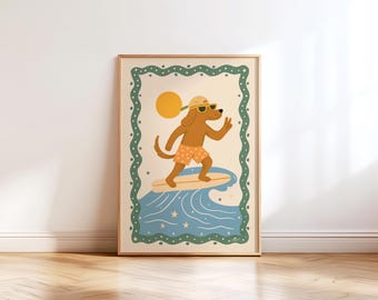 Surfer Dog Wall Art Kids Room Decor Beach Nursery Poster Boho Animal Print for Boys Room Girls Summer Vibes Artwork Montessori art
