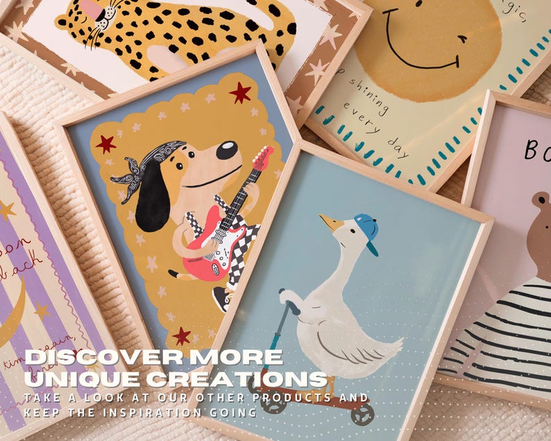 May include: A collection of framed art prints with whimsical animal illustrations. The prints feature a dog playing guitar, a goose on a scooter, and a smiling sun. The text "DISCOVER MORE UNIQUE CREATIONS" is visible.