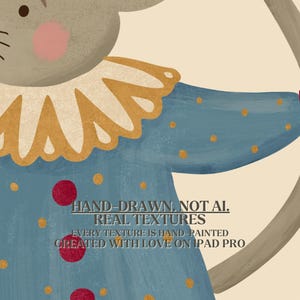 May include: A digital illustration of a mouse character wearing a blue tunic with gold polka dots, a ruffled collar, and red accents. The text reads: HAND-DRAWN. NOT AI. REAL TEXTURES. EVERY TEXTURE IS HAND-PAINTED CREATED WITH LOVE ON IPAD PRO.