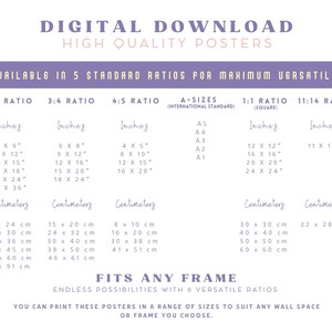 May include: A chart showing different standard aspect ratios for digital posters, including 2:3, 3:4, 4:5, A-sizes, 1:1, and 11:14. The chart lists the dimensions in inches and centimeters for each ratio.