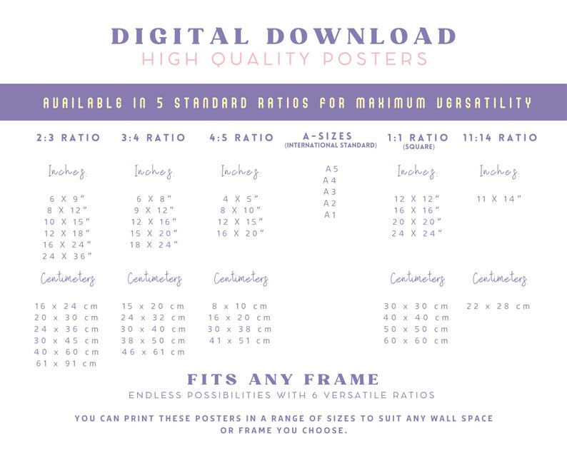 May include: A chart showing different standard aspect ratios for digital posters, including 2:3, 3:4, 4:5, A-sizes, 1:1, and 11:14. The chart lists the dimensions in inches and centimeters for each ratio.