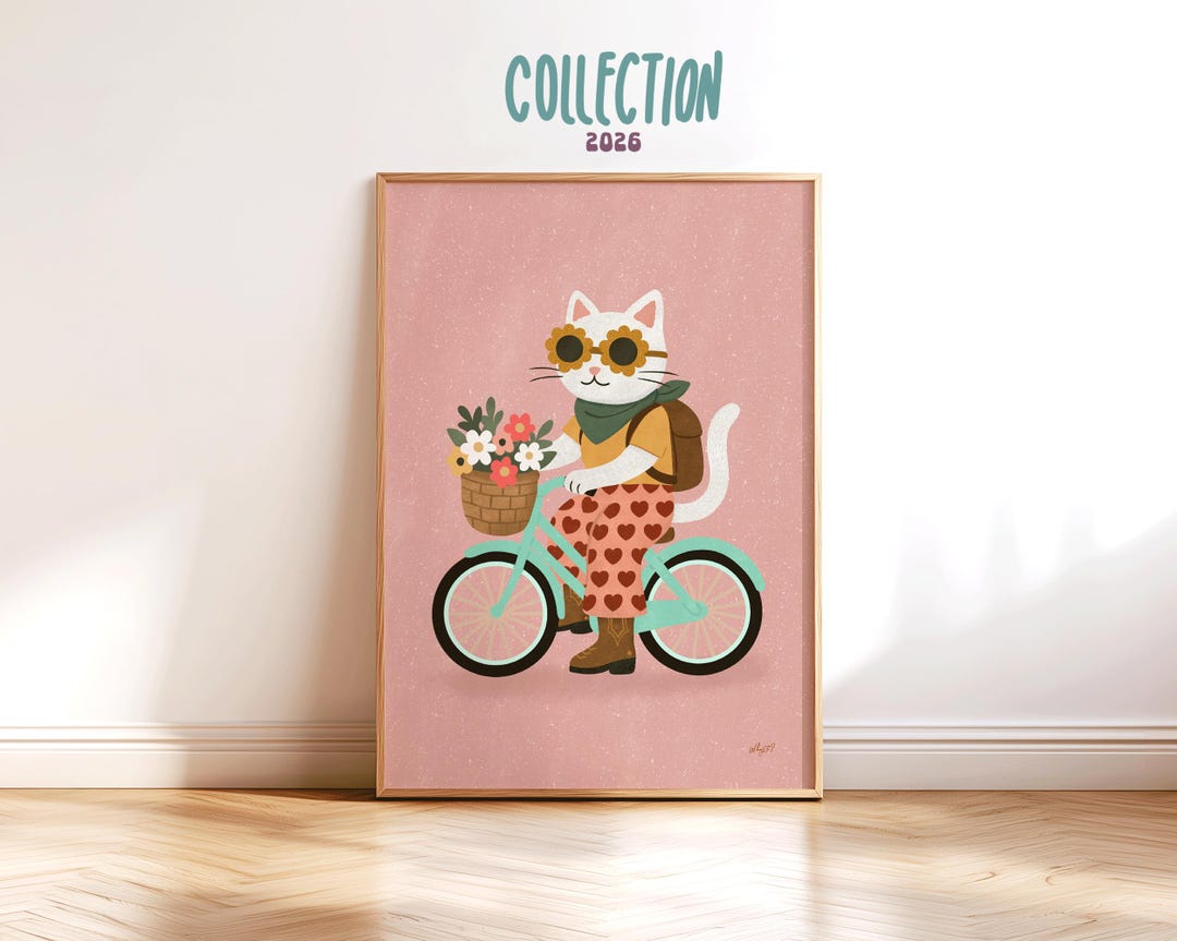 Cat Nursery Wall Art Girls Room Decor Bicycle Animal Print Kids Room ...