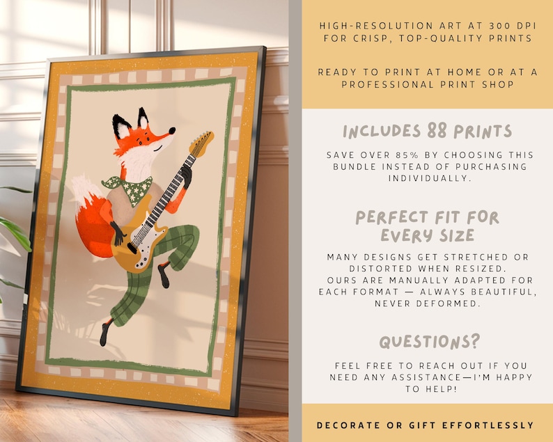 May include: A digital illustration of a fox playing a guitar. The fox is wearing a green and white bandana and green pants. The background is a yellow and white checkered pattern.