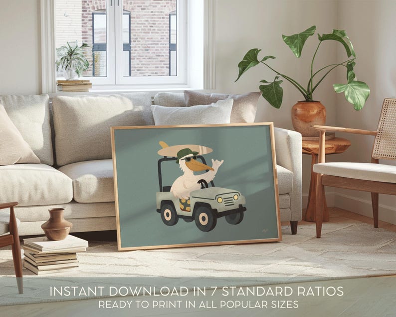 May include: A framed art print featuring a cartoon duck driving a light green jeep with a surfboard on top. The duck wears a green hat and sunglasses. The background is a muted teal color. Text at the bottom reads "INSTANT DOWNLOAD IN 7 STANDARD RATIOS READY TO PRINT IN ALL POPULAR SIZES."
