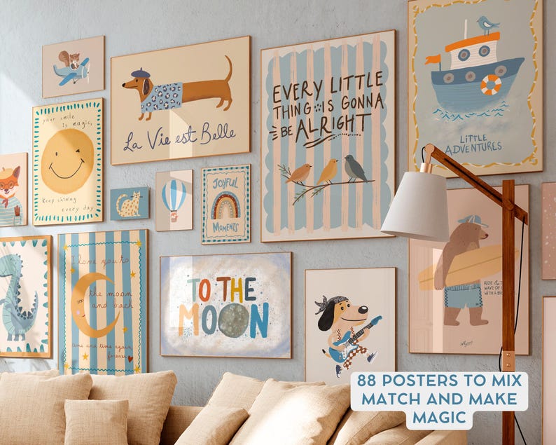May include: A set of 88 colorful posters with various illustrations and text. The posters feature a variety of themes, including animals, nature, and inspirational quotes. The posters are perfect for adding a touch of personality to any room.