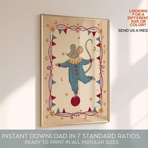 Circus nursery decor with a hand painted mouse illustration inspired by vintage storybook and carnival artwork