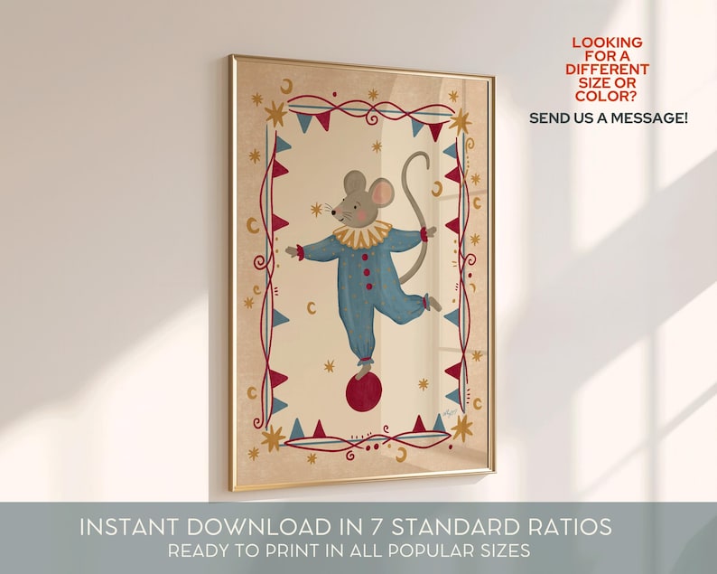 Circus nursery decor with a hand painted mouse illustration inspired by vintage storybook and carnival artwork