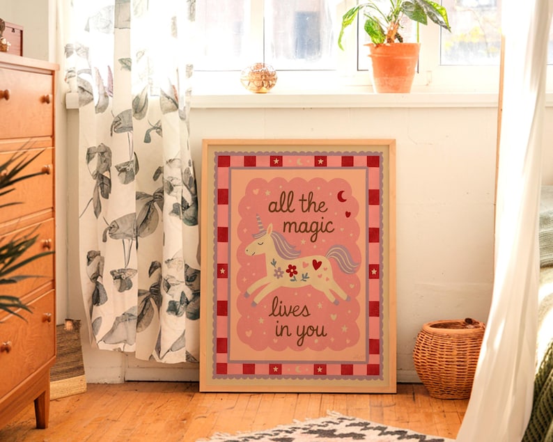 Unicorn bedroom wall decor, printable inspirational kids poster