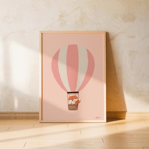 Fox Balloon Nursery Wall Art Pink Poster Boho Animal Kids Room Decor Scandinavian Style Whimsical Printable Artwork Montessori Art Poster