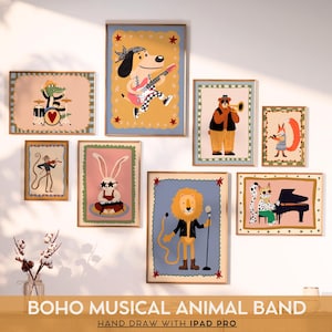Boho Musical Animal Posters Set Retro Folk Nursery Wall Art Kids Room Decor Playroom Print Whimsical Music Band Artwork Montessori Style