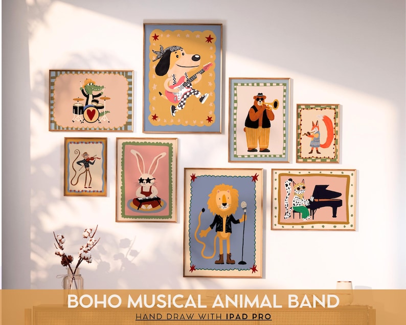 May include: A collection of framed art prints featuring a boho musical animal band. The artwork includes a dog playing guitar, a bear with a trumpet, and a lion with a microphone. The text at the bottom reads "BOHO MUSICAL ANIMAL BAND HAND DRAW WITH IPAD PRO."