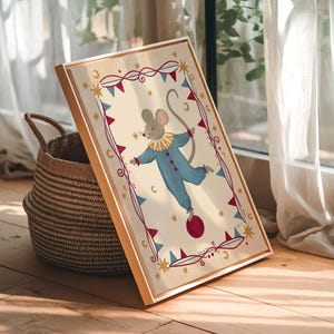 Retro circus nursery print displayed in a wooden frame creating a whimsical focal point for a child's room
