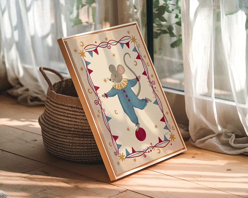 Retro circus nursery print displayed in a wooden frame creating a whimsical focal point for a child's room