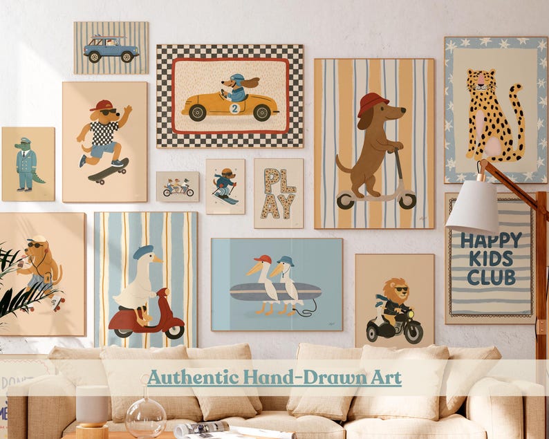 May include: A gallery wall arrangement featuring multiple framed prints with illustrations of animals, including a dog on a skateboard, a dachshund in a race car, a goose on a scooter, a leopard, and a lion on a motorcycle, with the text HAPPY KIDS CLUB.