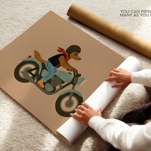 May include: A square poster featuring a brown dog wearing a helmet, goggles, and a red scarf while riding a light blue motorcycle. The background is a solid tan color. The text "YOU CAN PRINT AS MANY AS YOU LIKE" is printed in the top right corner.